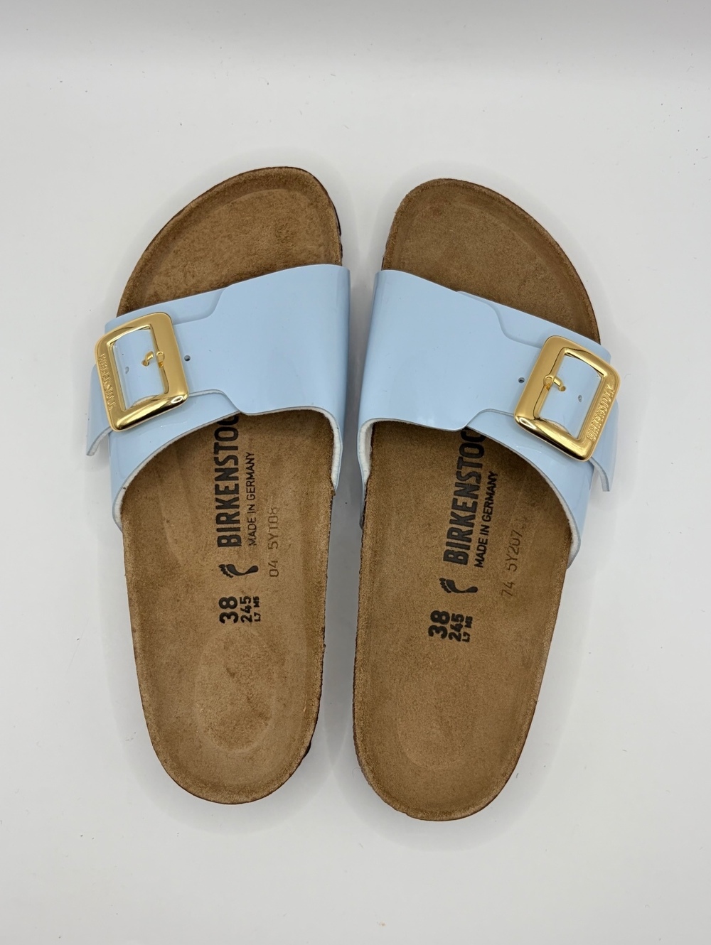 Birkenstock Madrid Big Buckle Baby Blue Gold Sandals EU 38 Narrow No Box